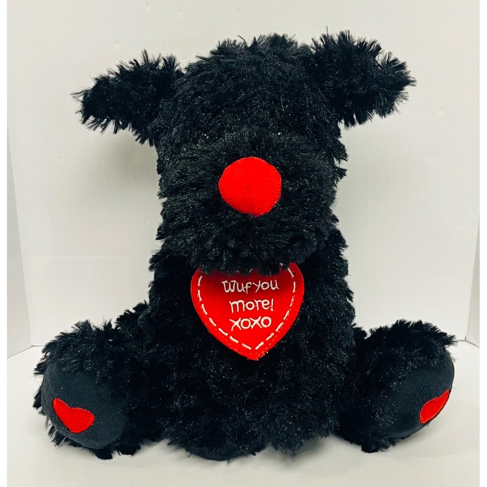 American Greetings Black Shaggy Dog Plush Wuf You‎ More Heart Valentine 9" Toy